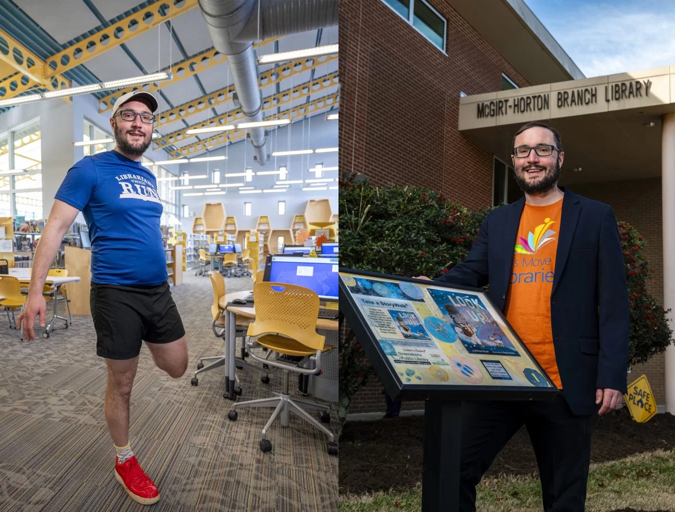 Noah Lenstra running in a library and at McGirt-Horton Branch Library
